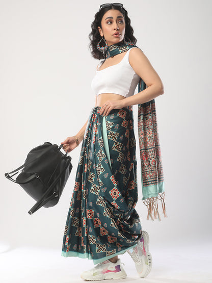 Women's Satin Silk Teal blue Printed Designer Saree With Blouse Piece