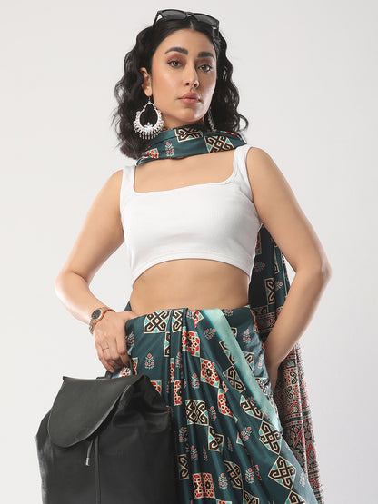 Women's Satin Silk Teal blue Printed Designer Saree With Blouse Piece