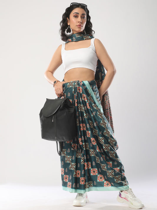 Women's Satin Silk Teal blue Printed Designer Saree With Blouse Piece