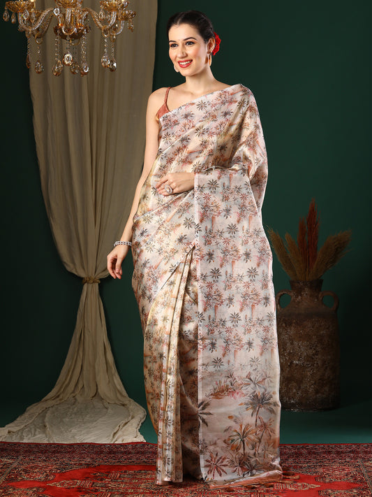 Women's Organza Cream Printed Designer Saree With Blouse Piece