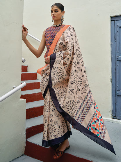 Women's Bhagalpuri Silk Cream Embroidered Celebrity Saree With Blouse Piece