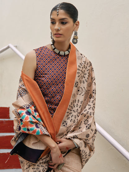 Women's Bhagalpuri Silk Cream Embroidered Celebrity Saree With Blouse Piece