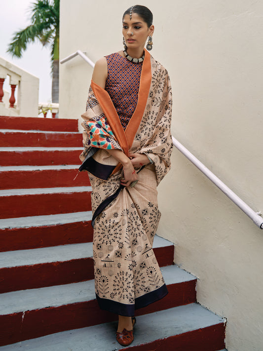 Women's Bhagalpuri Silk Cream Embroidered Celebrity Saree With Blouse Piece