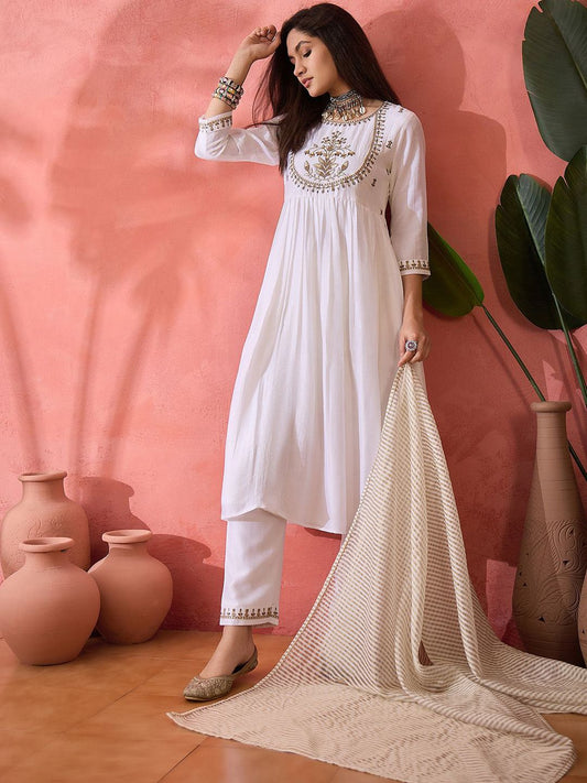 Dhiyona SN Women's White Floral Embroidered Silk Blend A-Line Kurta With Trousers And Dupatta