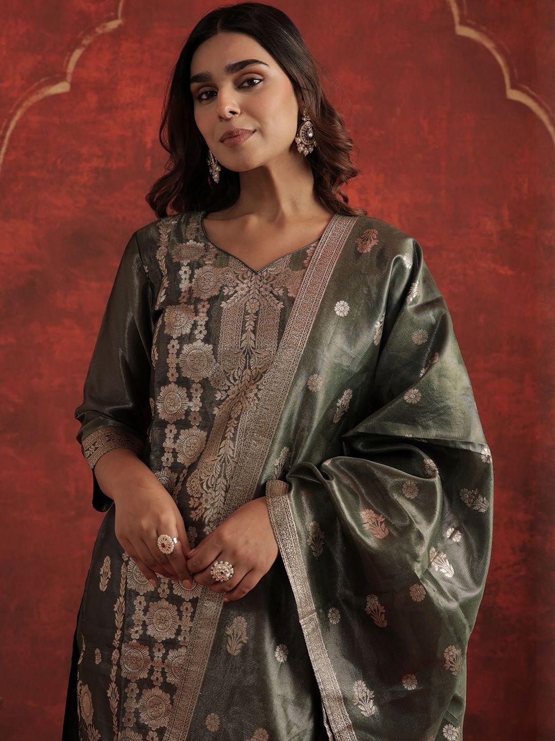 Woven Design V-Neck Zari Straight Kurta With Trousers & Dupatta
