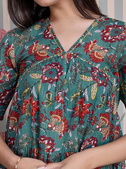Dhiyona OD  Floral Printed Pure Cotton Anarkali Kurta with Trousers
