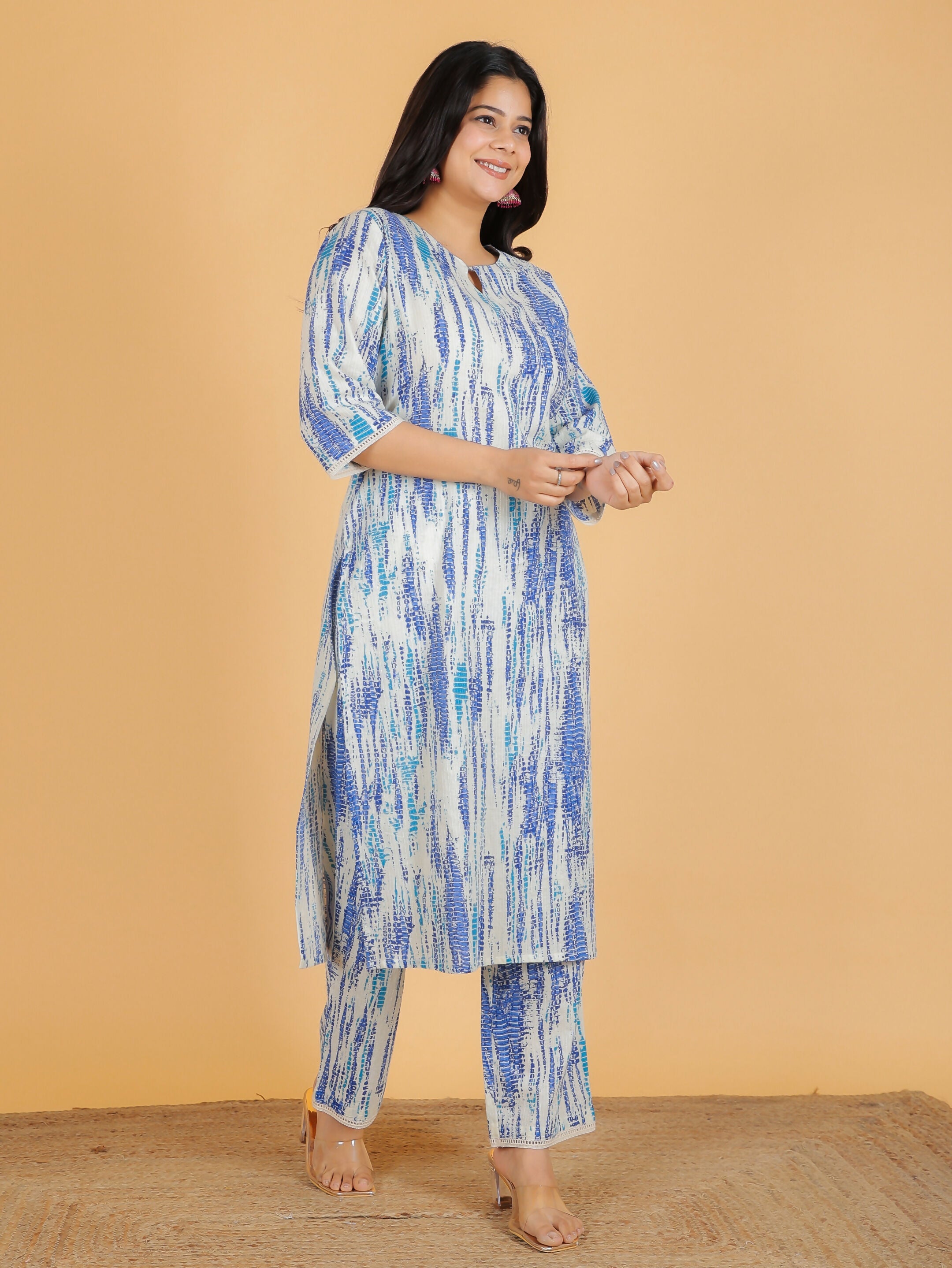 Women's Straight Kantha Cotton Tie-Dye Print Women's Kurta Set - Off White