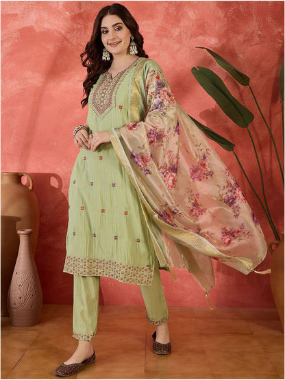 Dhiyona SN Women's Floral Embroidered Notch Neck Sequinned Straight Kurta With Trousers And Dupatta