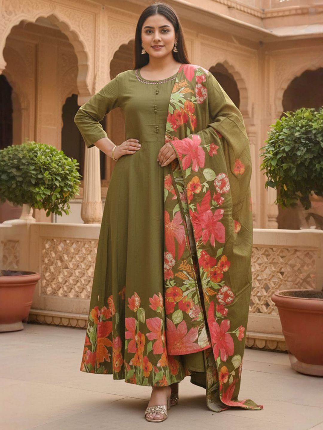 Floral Printed Empire Pure Cotton Kurta With Trousers & Dupatta
