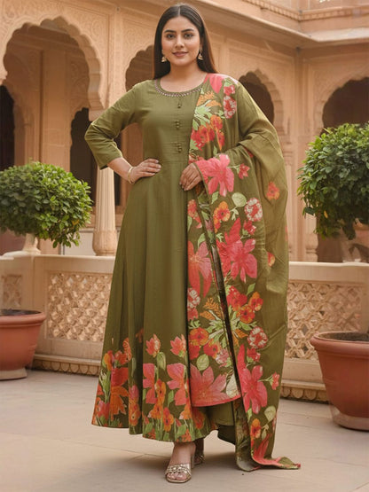 Floral Printed Empire Pure Cotton Kurta With Trousers & Dupatta