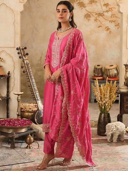 Women Woven Design Embroidered Kurta with Trousers & Dupatta