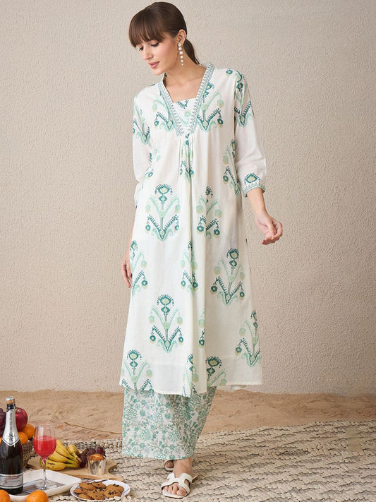 Dhiyona IE Women Floral Printed Regular Sequinned Pure Cotton Kurta with Palazzos