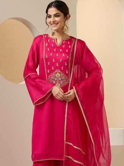 Dhiyona IS Women's Floral Embroidered Yoke Design Notch Neck Kurta With Palazzos And Dupatta