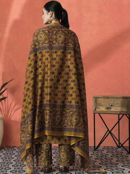 Dhiyona SN Women's Floral Printed V-Neck Beaded Pure Cotton Straight Kurta With Trouser And Dupatta