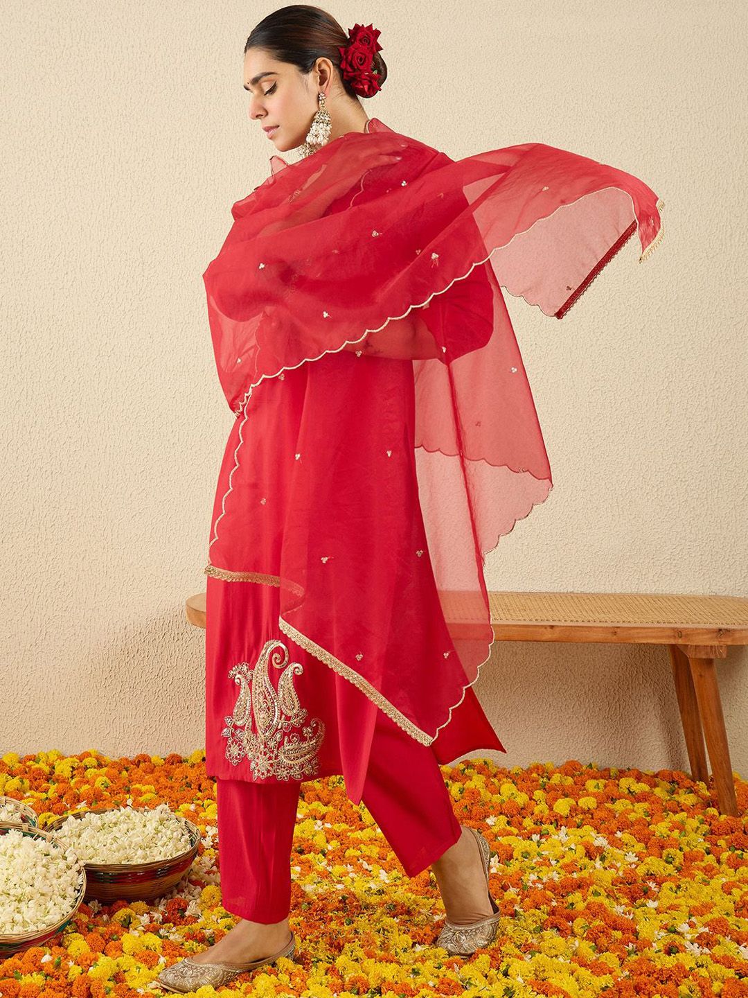 Paisley Embroidered Sequinned Liva Straight Kurta With Trousers & Dupatta