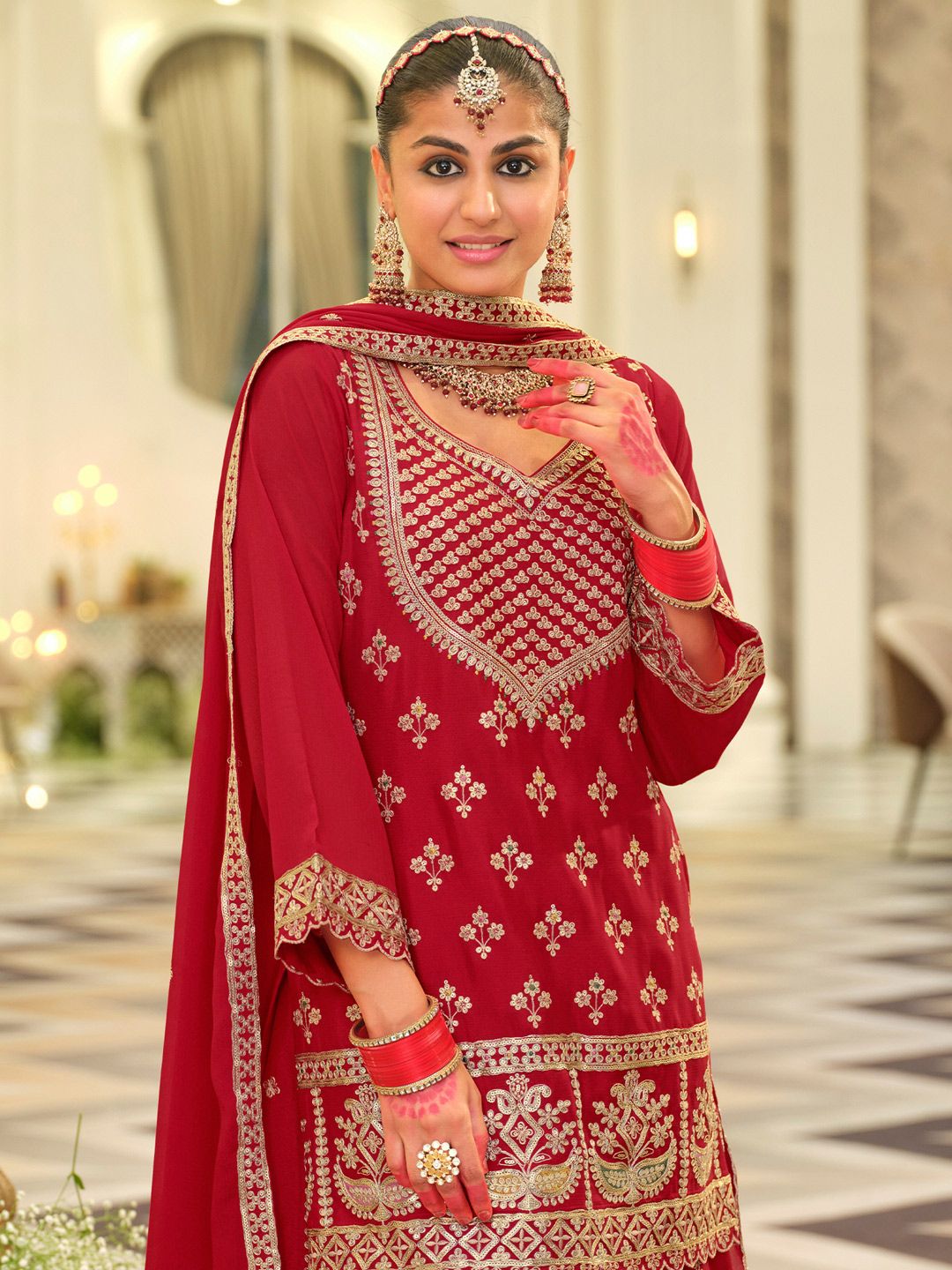 Ethnic Motifs Embroidered Kurta With Palazzos & Dupatta
