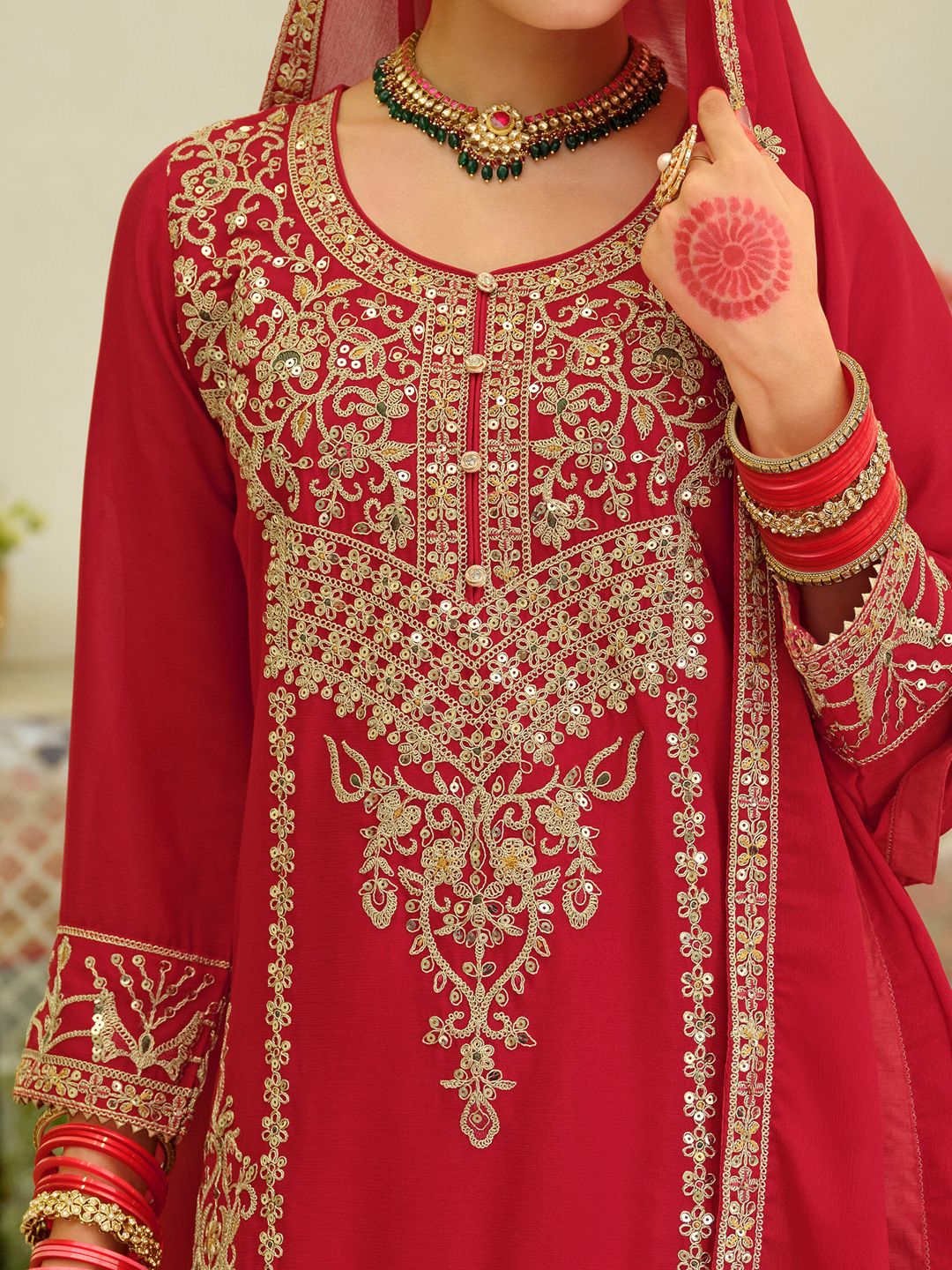 Ethnic Motifs Embroidered Sequinned Chinon Straight Kurta With Skirt & Dupatta