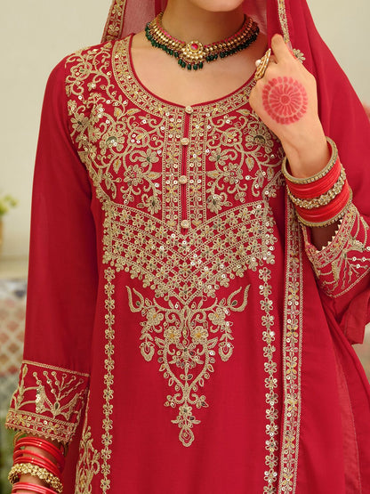 Ethnic Motifs Embroidered Sequinned Chinon Straight Kurta With Skirt & Dupatta