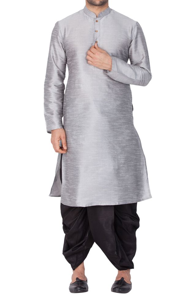 Men's Grey Silk Blend Straight Kurta and Dhoti Set