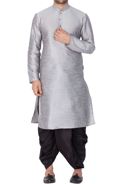 Men's Grey Silk Blend Straight Kurta and Dhoti Set