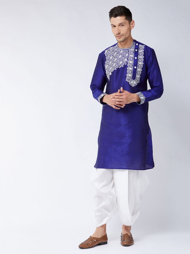 Men's Blue Silk Blend Angrakha Kurta and Dhoti Set