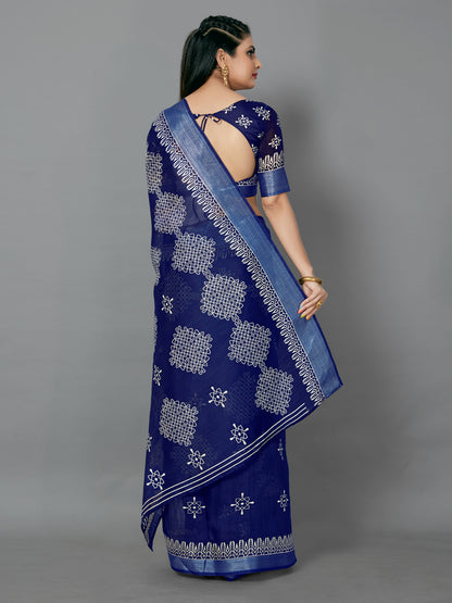 Women's Cotton Blend Navy Blue Printed Designer Saree With Blouse Piece