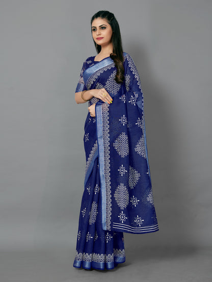 Women's Cotton Blend Navy Blue Printed Designer Saree With Blouse Piece