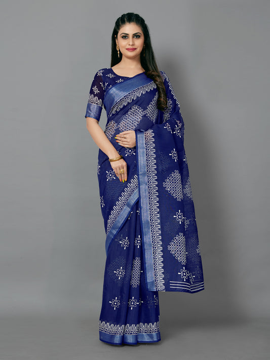 Women's Cotton Blend Navy Blue Printed Designer Saree With Blouse Piece