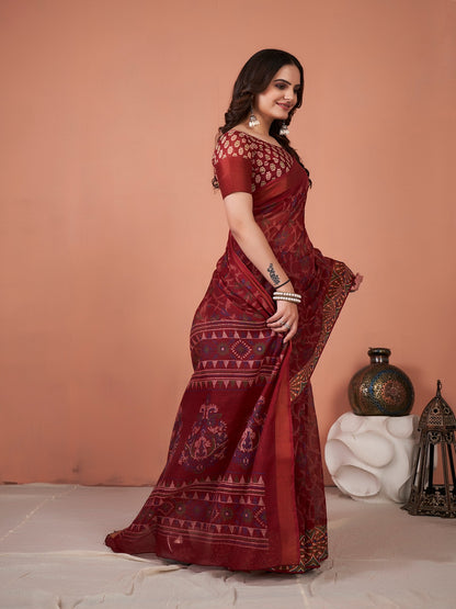 Women's Cotton Blend Maroon Printed Designer Saree With Blouse Piece