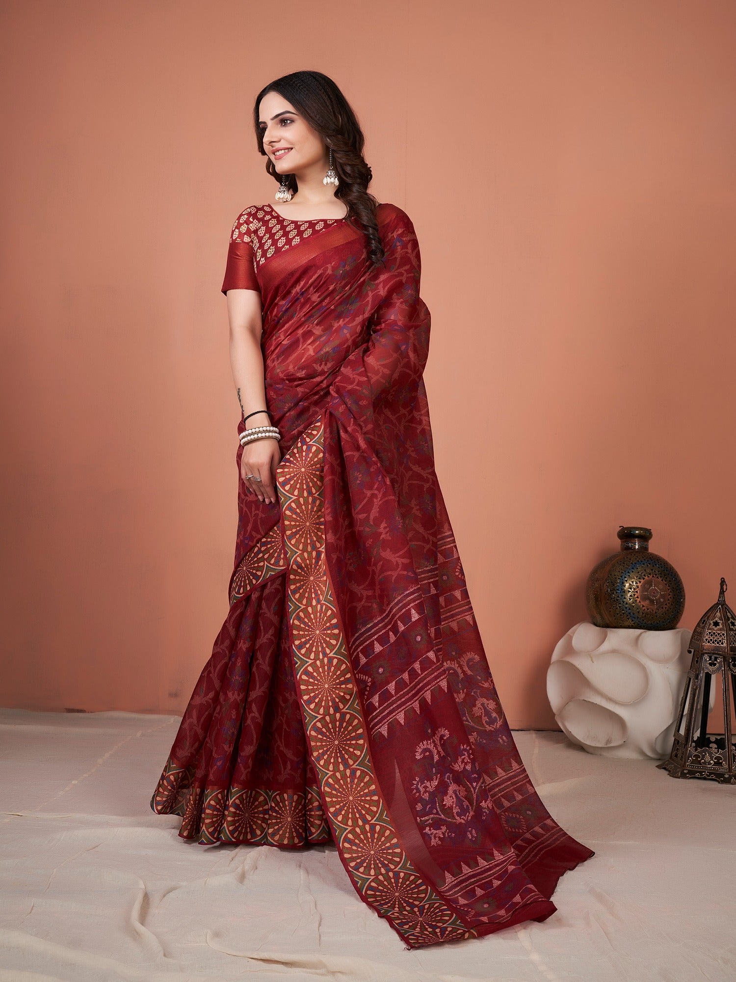 Women's Cotton Blend Maroon Printed Designer Saree With Blouse Piece