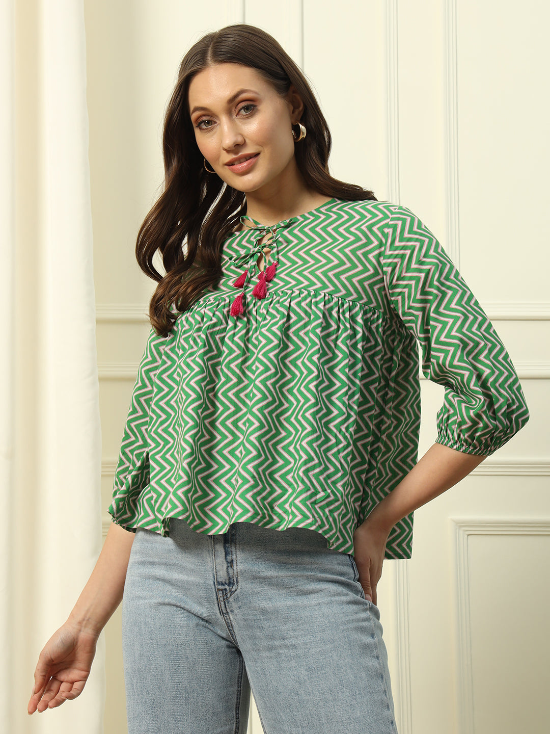 Women's Green Strip Printed Cotton Top