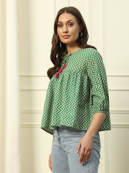 Women's Green Strip Printed Cotton Top