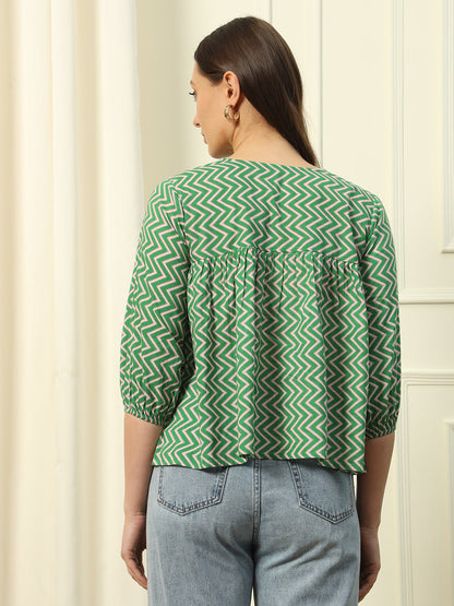 Women's Green Strip Printed Cotton Top
