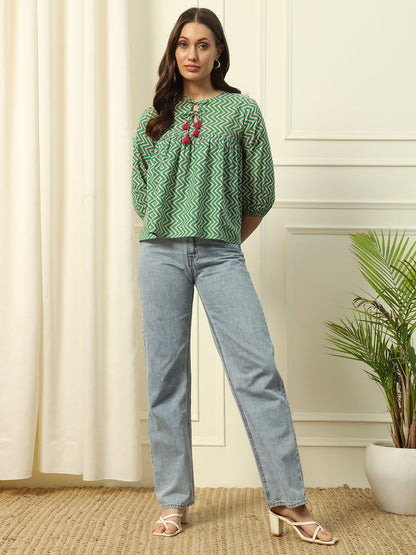 Women's Green Strip Printed Cotton Top