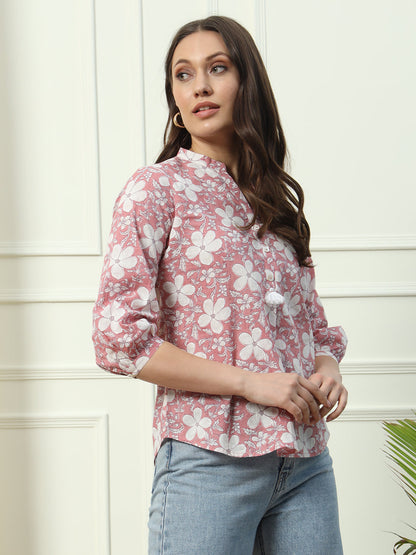 Women's Pink Floral Printed Cotton Top