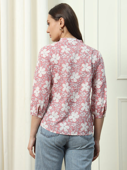 Women's Pink Floral Printed Cotton Top