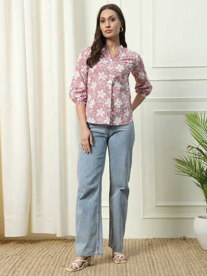 Women's Pink Floral Printed Cotton Top