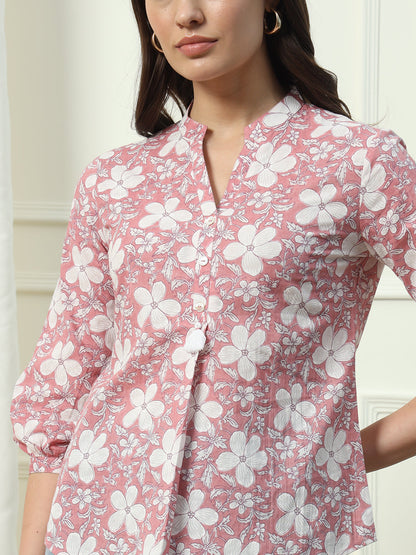 Women's Pink Floral Printed Cotton Top