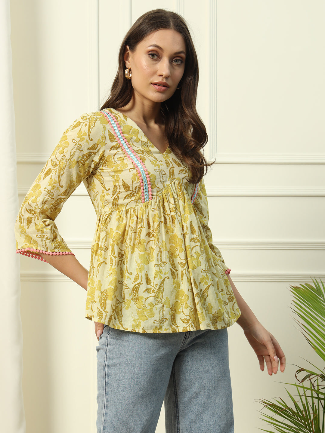 Women's Yellow Printed Cotton Top