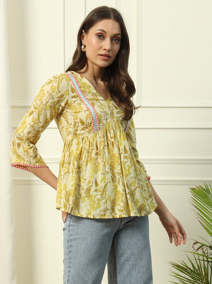 Women's Yellow Printed Cotton Top