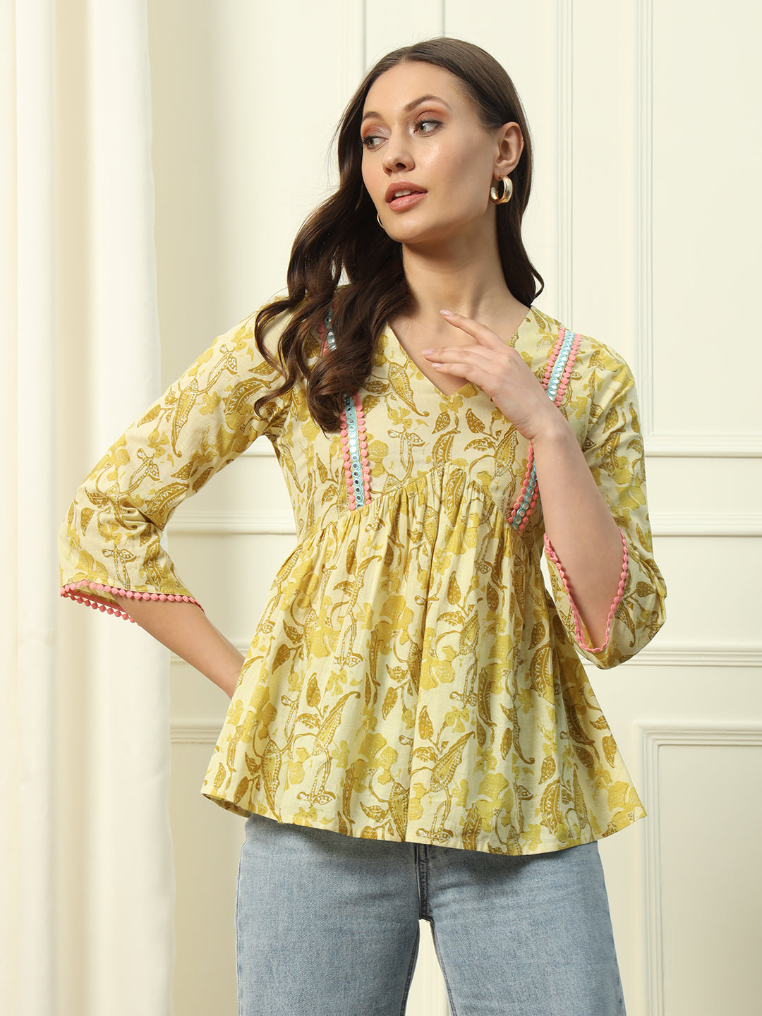 Women's Yellow Printed Cotton Top