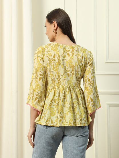 Women's Yellow Printed Cotton Top