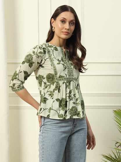 Women's Pista Green Floral Printed Cotton Top