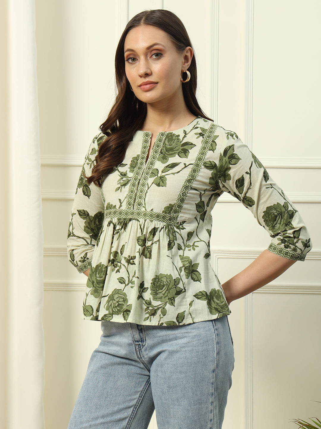 Women's Pista Green Floral Printed Cotton Top