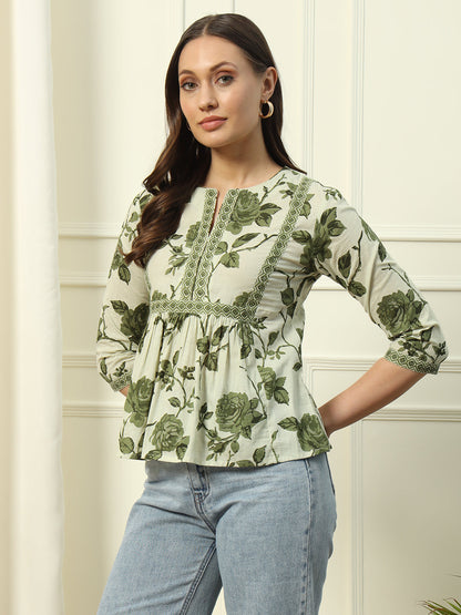 Women's Pista Green Floral Printed Cotton Top