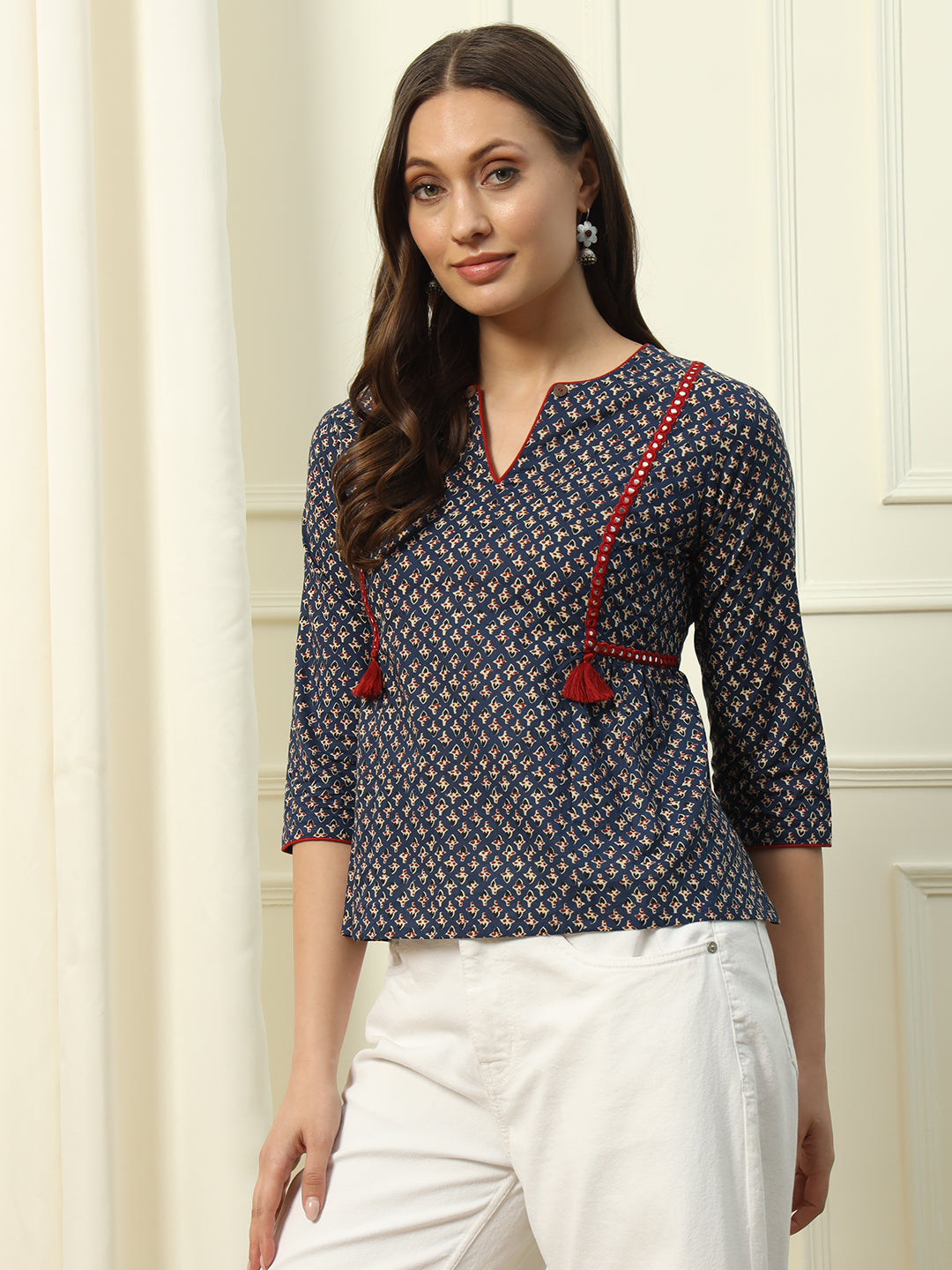 Women's Blue Floral Printed Cotton Top