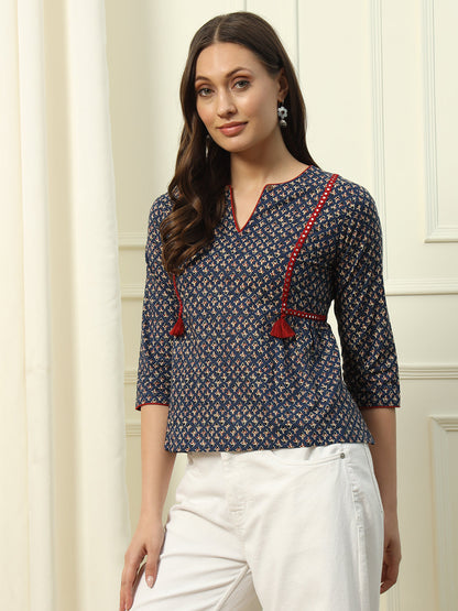 Women's Blue Floral Printed Cotton Top