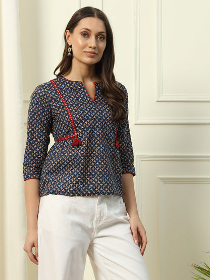 Women's Blue Floral Printed Cotton Top