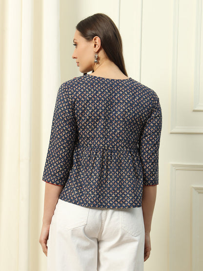 Women's Blue Floral Printed Cotton Top