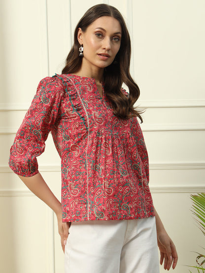 Women's Red Floral Printed Cotton Top
